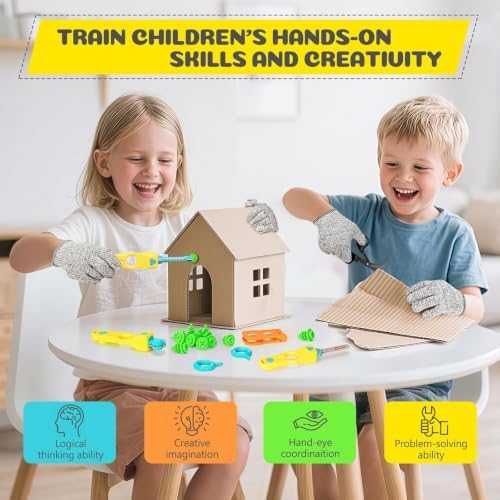 Cardboard Tools for Kids, 129 PCS Cardboard Construction Kit, Kids Building Set with Safe Serrated Cutter, Crease Roller, Screws & Nuts, Creative STEM Educational Toys Gift for Boys and Girls Age 5+