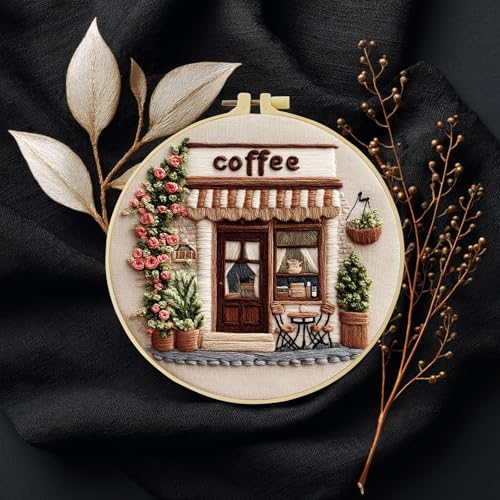 Embroidery Kit for Beginners – Complete Hand Embroidery Starter Set with Hoop, Pattern Cloth, Color Threads & Needles, DIY Embroidery Set for Relaxation, Home Décor & Unique Gifts (Corner Cafe)