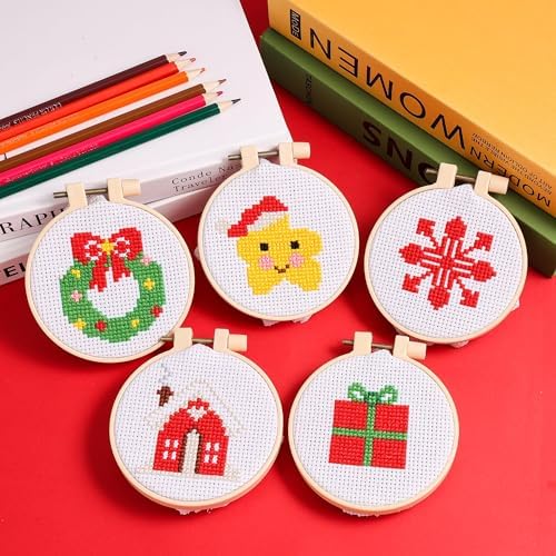 Pllieay 8PCS Christmas Cross Stitch Kit for Kids, Includes 8Pcs Christmas Patterns, 2Pcs Hoops and 14 Color Skeins, Fun & Easy Cross Stitch Kits for Beginners, Perfect for Crafts and Christmas Decor