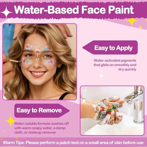 Face Painting Kit for Party, 42 Color Non-Toxic Water Activated Face Paint Palette for Artist Festival Stage Cosplay Birthday Parties Makeup Set with Stencils, Gems, Brushes TA641KIT