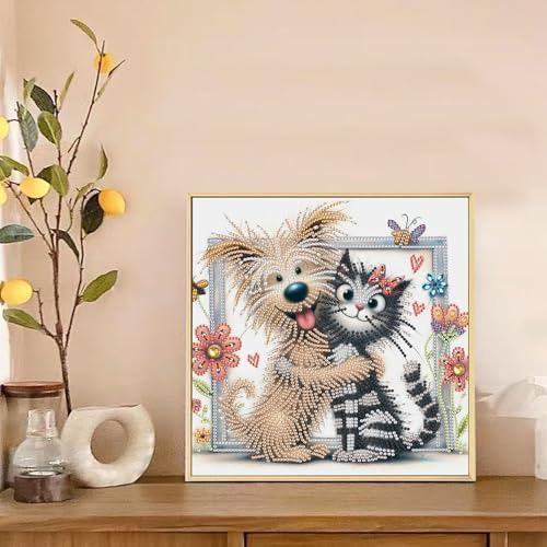 AiYuanzsh Cat and Dog Diamond Art Painting Kits for Adults, 5D Special Shape Diamond Art Kits for Beginners, Crystal Rhinestones Diamond Art Painting for Home Wall Decoration Gift 12×12 inch