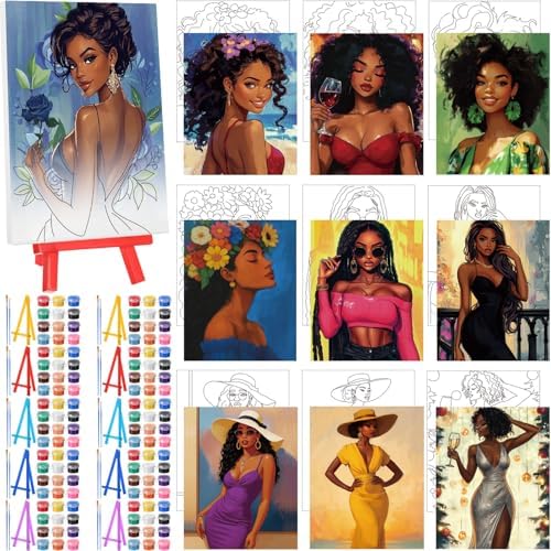Blosssound 10 Set Charming Lady Pre Printed Canvas Pre Drawn Canvas Painting with Easel Kits 5" x 7" Sip and Paint Party Kit for DIY Art, Adult's Date Night