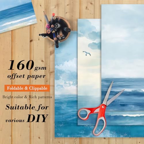 Blue Sea Scrapbooking Paper Pad - 24 Sheets 6-inch Aesthetic Patterned Decorative Collage Decoupage for Wrapping Folded Cardstock Supplies Gift Cardstock DIY Crafts Scrapbook Photo Album