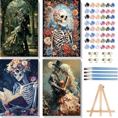 4 Pack Skeleton Paint by Numbers Kit for Adults with Framed 8x12 inch
