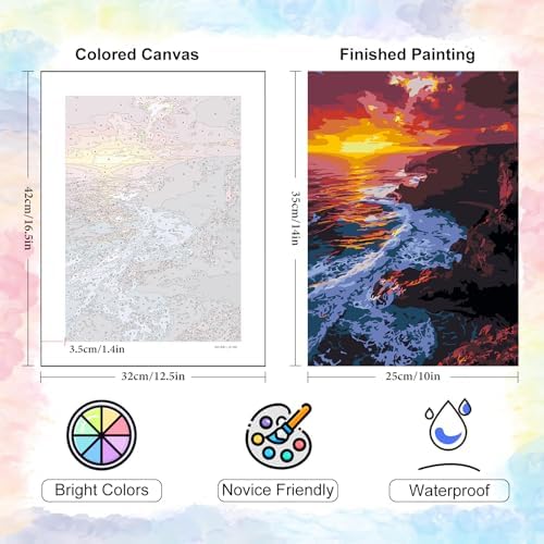 6 Pack Paint by Numbers Kit for Adults Beginner Landscape, 10x14 Inch | Beach DIY Acrylic Painting, Without Frame Canvas, Stress Relief Craft Kits, For Home Wall Decor Gift