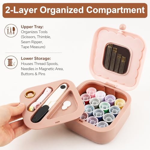 Portable Sewing Kit for Adults and Beginners, 41 Pcs Needle and Thread Set with Storage Case for Clothing Repair, Buttons and Small Tears, Includes Needles, Thread, Scissors and Tape Measure, Pink