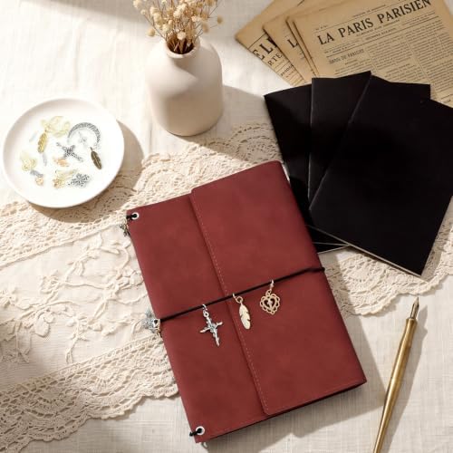 Eaasty A5 Journal Notebook and DIY Charm Kit Refillable Trifold Notebook Cover with 3 Blank Lined Grid Insert 2 Card Slots 24 Styles Journal Charms Lobster Clasps for Writing Travelers Jewelry Making
