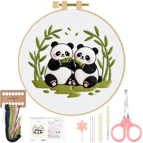 ERKOON Embroidery Kit for Beginners Adult, Cross Stitch Set Include Embroidery Cloth Hoop Threads for Craft Lover Hand Stitch with Embroidery Skill Techniques (Panda)