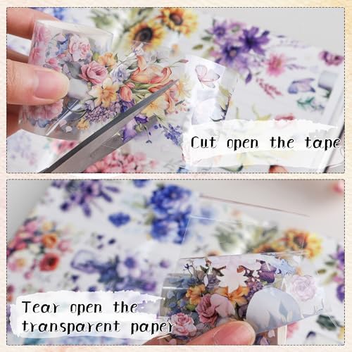 Sitsink Journaling Scrapbook PET Tapes - Floral Scrapbooking Junk Journal Supplies, Flower Decorative Tapes for Art Crafts, Aesthetic Washi Tapes Scrapbooking Supplies, Floral Journaling Tapes