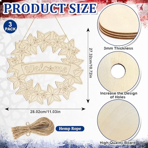 Large 12" Wooden 4th of July Crafts Star Ornaments to Paint, DIY Blank Unfinished Star Door Sign Wreaths for Front Door Plaque 250th Anniversary Hanging Patriotic Day Independence Day Decorations