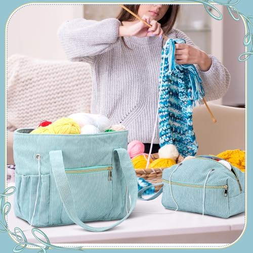 Bulyoou 2 Pcs Crochet Tote and Yarn Bag Set Corduroy Yarn Holder, Blue