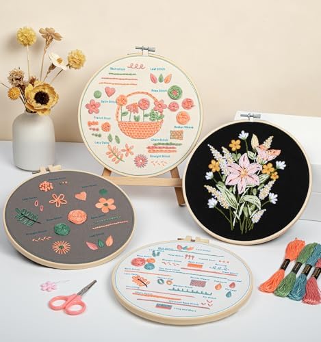 pindda Embroidery Kit for Beginners Adults, with Embroidery Patterns, Embroidery Hoop, Tools, Colorful Threads, Step by Step Instructions, Beginner-Friendly DIY Gift Hobbies for Women