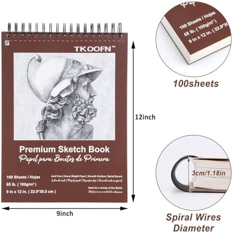 TKOOFN 5 Pack 9" x 12" SketchBooks Bulk,Top Spiral Bound Sketchbook