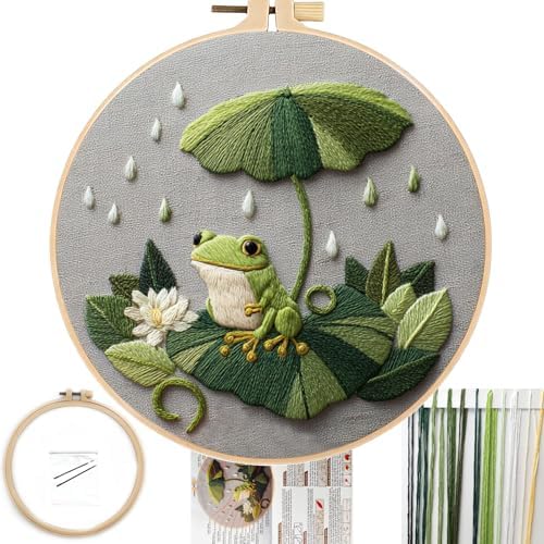 FONNUY Embroidery Kit for Beginners - Frog Under Lotus Leaf DIY Cross Stitch Set, Pre-Printed Fabric with 8’’ Hoop, Cute Rainy Day Art Craft for Adults, Home Decor & Handmade Gift (Green 02)