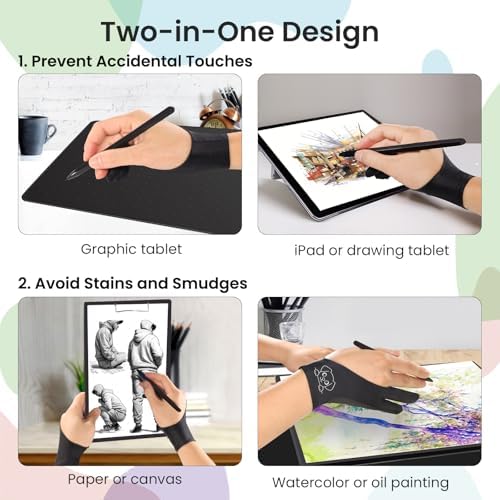 Cute Puppy Drawing Glove: 3-Layer Palm Rejection for iPad & Drawing Tablet | Smooth-Glide & Breathable Artist Glove for Digital Art, Two-Finger Design, Fits Left & Right Hand, 2-Pack + Cleaning Cloth