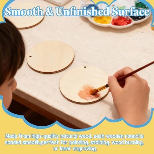 FSWCCK 100 PCS 3 Inch Wood Circles for Crafts – Round Blank Discs with Holes, Unfinished Wooden Cutouts for DIY, Painting, Staining, Coasters,Laser Engraving Sign Blanks, Ornament (3inch-100 Pack)