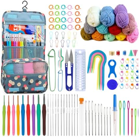 Hntess 118Pcs Crochet Kit for Beginners, Premium Knitting & Crochet Supplies Set with 12 Yarn Spools, 21 Crochet Hooks, 6 Sewing Needles & Storage Case, Complete Starter Crochet Kit for Adults