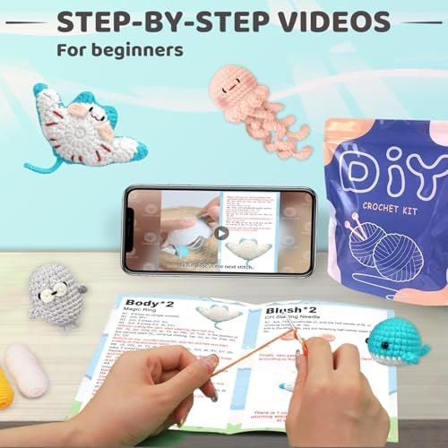 YAMAXIN Crochet Kit for Beginners – Ocean Animal Amigurumi DIY Yarn Kit with Step-by-Step Instructions, Tools & Soft Yarn – 4 Pack Crochet Kit Gift for Adults