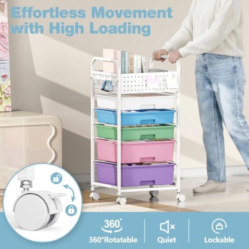 5 Drawer Rolling Storage Cart with Pegboard Top and Hooks, Ice Cream