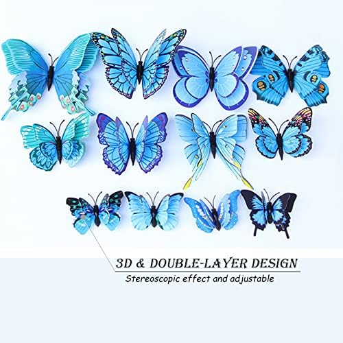OPSEAM 3D Butterfly Wall Decor Butterfly Decorations Stickers with Magnets | 24 PCS Blue,12 Styles Double Layer Butterfly for Classroom Decoration,Locker Refrigerator, Reusable,Waterproof
