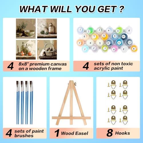 4 Pack Framed Retro Paint by Numbers Kits for Adults with Easel (8x8in)