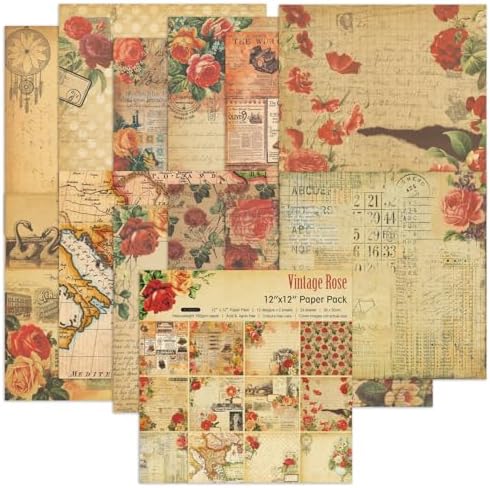 Vintage Scrapbook Paper 12 ×12 - 24Sheets Double-Sided Valentine's Day Rose Patterned Paper Junk Journaling Scrapbooking CardStock Papers Pad for Cardmaking DIY Origami Craft Papers.