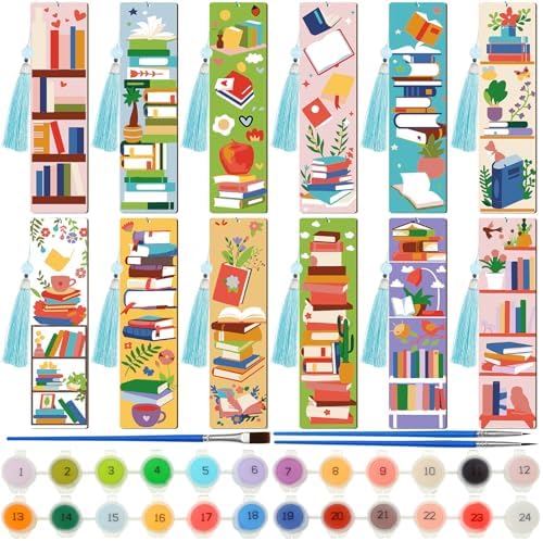 Kosiz 12 Pcs Book Paint by Number Kit for Adult Wood Bookmark | Mini Paint by Numbers Kit, Painting Decor, Back to School Tassels Blank Bookmark, for Small DIY Craft Book Lovers Gift 7x2 ''
