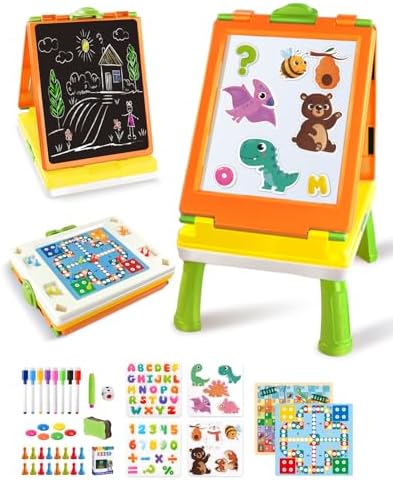 Elovien Easel for Kids, 4 in 1 Double Sided Toddler Art Easel with Chalkboard & Magnetic Whiteboard, Foldable Tabletop Easel with Drawing & Writing Accessories - Educational Gift for Boy Girl (Orange)