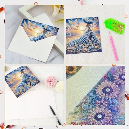 antor 6 Pcs 5D Diamond Painting Greeting Cards Kits, Elegant Lady DIY Diamond Art Cards with Envelopes, Handmade Rhinestone Greeting Card Set for Birthdays & Holidays