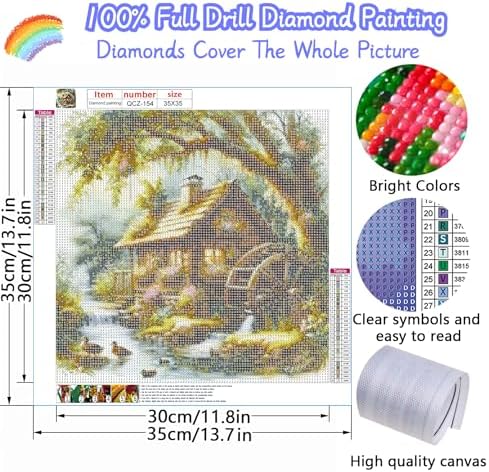 Countryside Diamond Art Kits for Adults, Diamond Painting Kits for Adults for Beginners, DIY Water Wheel Diamond Dots Art Kits, 5D Full Round Drill Gem Art Painting Kits for Home Wall Decor, 14x14in
