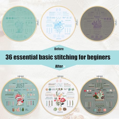 3 Sets Embroidery Kit for Beginners to Learn 36 Basic Embroidery Stitches Practice Kit,Hand Embroidery Cross Stitch Kits for Beginners with Embroidery Patterns, Hoop,Threads,Tools