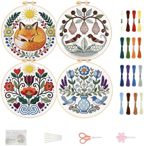 FREEBLOSS 4 Pack Embroidery Kit for Beginners Folk Art Stamped Embroidery Starter Kit with Instruction Cross Stitch Needlepoint Kits for Crafts Adults with 2 Hoops 20cm/7.9inch