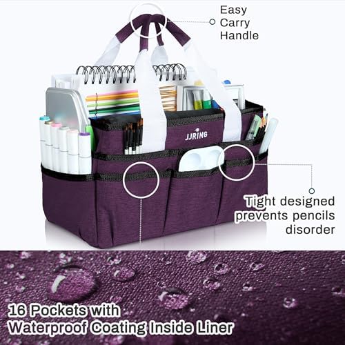 JJRING Craft Organizer Tote Bag Art Storage Caddy Deep Purple | With Multiple Pockets For Sewing, Scrapbooking, School, Medical, And Office Supplies