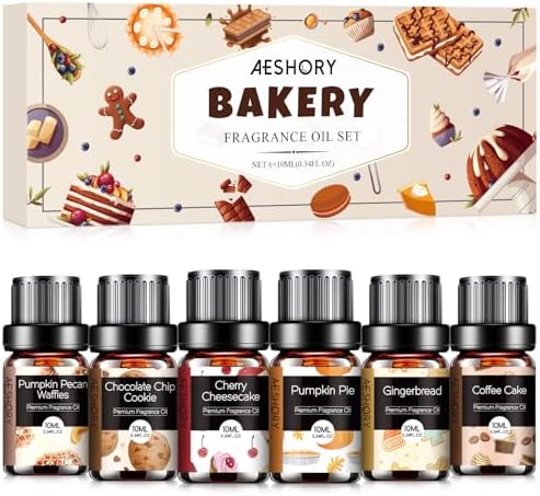 Bakery Essential Oils Set - Fragrance Oil for Diffusers for Home, Candle Making - Pumpkin Pie, Coffee Cake, Gingerbread, Cherry Cheesecake Aromatherapy Scented Oils (6x10ML)