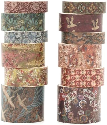 12 Rolls Kyoto Charm Washi Tape Set Japanese Arts Adhesive Tapes Geometric Garden Decorative Masking Tape Sets for Craft, Kids, Scrapbook, DIY, Gift Wrapping (Crimson Fields)