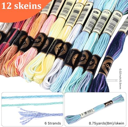 12 Skeins 105 Yards 6 Strands Embroidery Floss Colorful Gradient Thread Cross Stitch Variegated Friendship Bracelet String Cord Bulk Yarn Set for Bracelets Hand Sewing Making DIY Crafts