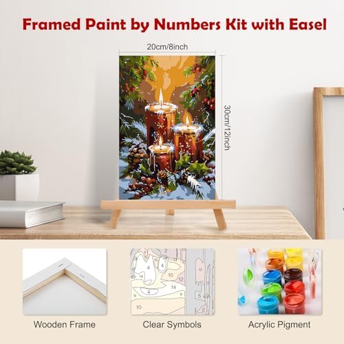 MOGTAA Christmas Paint by Numbers Kit for Adults Beginners with Frame, Christmas Candle Adult Paint by Number Kits on Canvas with Easel, Easy DIY Winter Oil Painting Kits for Home Decor, 8x12in