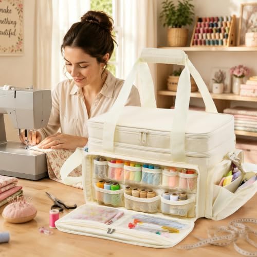 AMOIGEE Sewing Organizer Bag with 2 Clear Storage Boxes, Double Layer Sewing Storage Bag with Removable Pouches & Adjustable Dividers for Thread, Needles, Scissors, Embroidery Floss&Craft Accessories