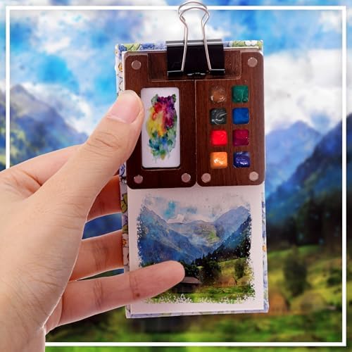Qilery Mini Portable Watercolor Palette Set Wooden Grid Paint Box Watercolor Paper Sketch Book Brush Pens with Binder Clip for Painters Artist Not Include Paint(Blueberry)
