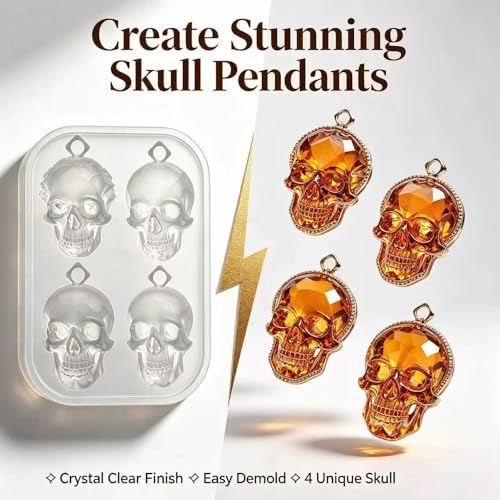 4 Cavity Faceted Skull Pendant Silicone Mold with Hanging Hole, Gothic Epoxy Resin Casting Mould for DIY Necklace Charm Halloween Christmas Jewelry Making (KL02)