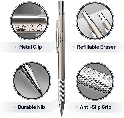 Mr. Pen- Metal Mechanical Pencil Set with Lead and Eraser Refills, 5 Sizes