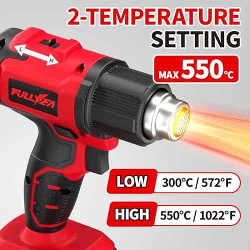 Cordless Heat Gun, Max 550°C (1022°F), Hot Air Gun Kit with 5 Nozzles & 2x4.0Ah Batteries, Fast Heating, 2-Temperature Setting, Portable Heat Gun for Shrink Tubing, PVC Wrap, Crafts (Red)