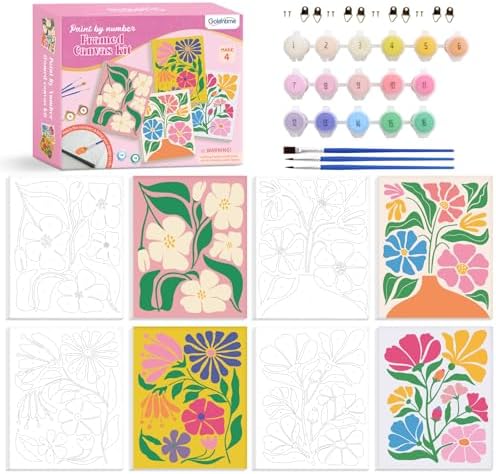 goldentime 4 Pack Framed Paint by Numbers Kit for Adults Beginner & Kids | Flowers Easy Adult Paint by Number Kits on Canvas with Frame | 8x10 Inch Floral Canvas Painting for Home Décor Gift