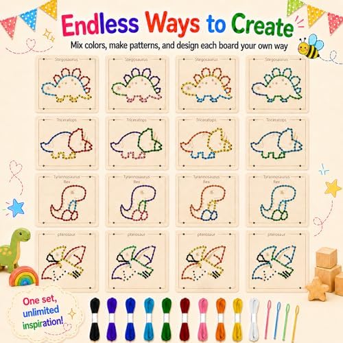 Montessori Wooden Lacing Dinosaur Toys for Toddlers and Kids Ages 2-4 5-7, Sewing Kit Fine Motor Skill Busy Board, Education Sensory Preschool Toy for 1 2 3 4 Year Olds, Birthday Gift for Boys Girls
