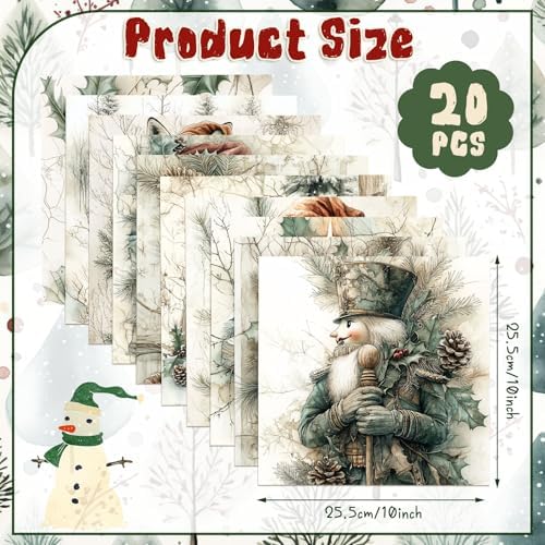 HunnmingRe 20 Pcs 10''x10'' Vintage Green Christmas Quilting Fabric Square Bundle Snowman Precuts Quiltted Fabric Gingerbread Reindeer Printed Patchwork Supplies for Winter Patchwork DIY Sewing Craft