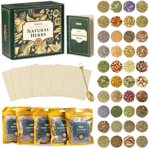 Wyspell 40 Pcs Dried Herbs and Flowers for Witchcraft, Candle & Soap Making | Premium Botanical Collection, Huge Variety, Beautiful Gift Box, Labeled Golden Bags, Bonus Parchment, Spoon & Guide
