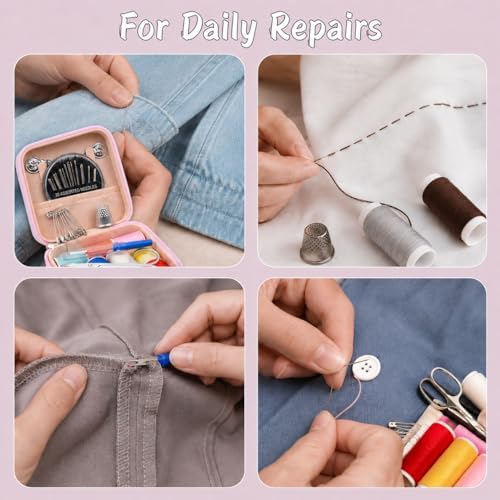 56 Pcs Portable Sewing Kit, Needle and Thread Kit with PU Leather Case, Basic Sewing Kit and Hand Seeing Kit with Scissors, Seam Ripper, Safety Pins for Travel Home Repairs(Pink)