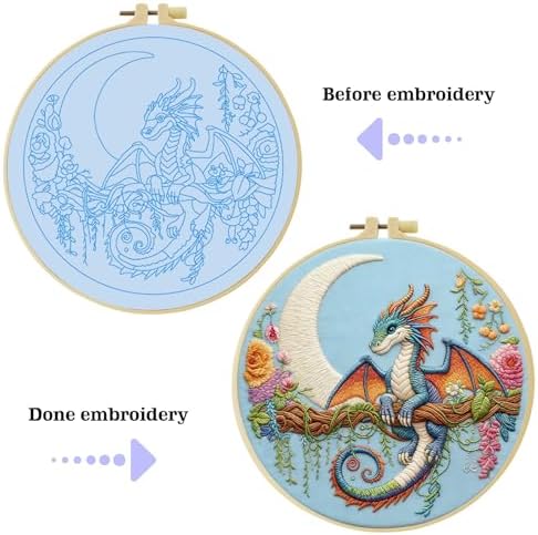 Black dragon handmade DIY embroidery kit,suitable for adult beginners,includes embroidery cloth, instructions, embroidery frame and needle and thread, suitable for holiday gifts (Blue Dragonfly)
