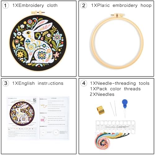 Crafmanoe Embroidery Kits for Beginners Adults, Flowers Rabbit Embroidery Starter Kits, Counted Cross Stitch Kits for Beginners Adults Hobbies Set for Women, Embroidery Hoops, Thread & Video Tutorial