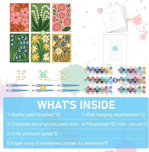 Pixendra 6 Pack Paint by Numbers Kit for Adults - Simple Flower Easy Paint by Number on Canvas for Beginner,Acrylic Oil Watercolor Painting kit Arts and Crafts for Room Wall Decor (8x12 inch)